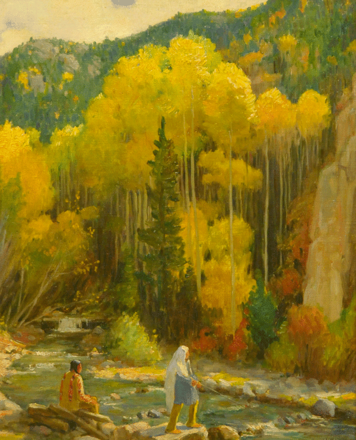 “Indians Fishing—Taos Canyon”, circa 1900, Oil on canvas, 20 x 16 inches, Panhandle-Plains Historical Museum, Canyon, Texas, Purchase funded by The Barrick Foundation, Amarillo, Texas.